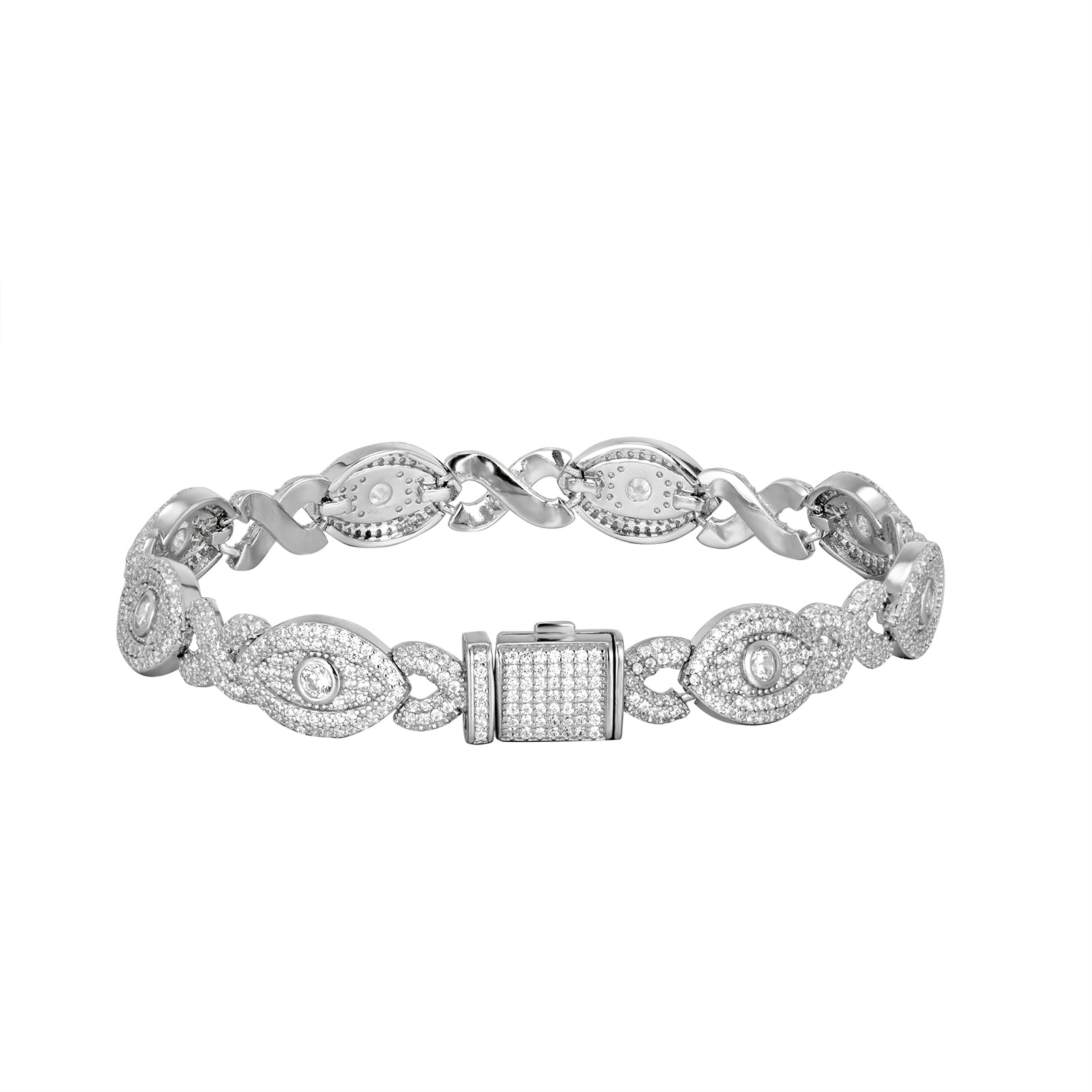 Sterling Silver Round Moissanite With Blue Stone Designer Infinity Bracelet 8 Inch RP 5-1/2 Cttw