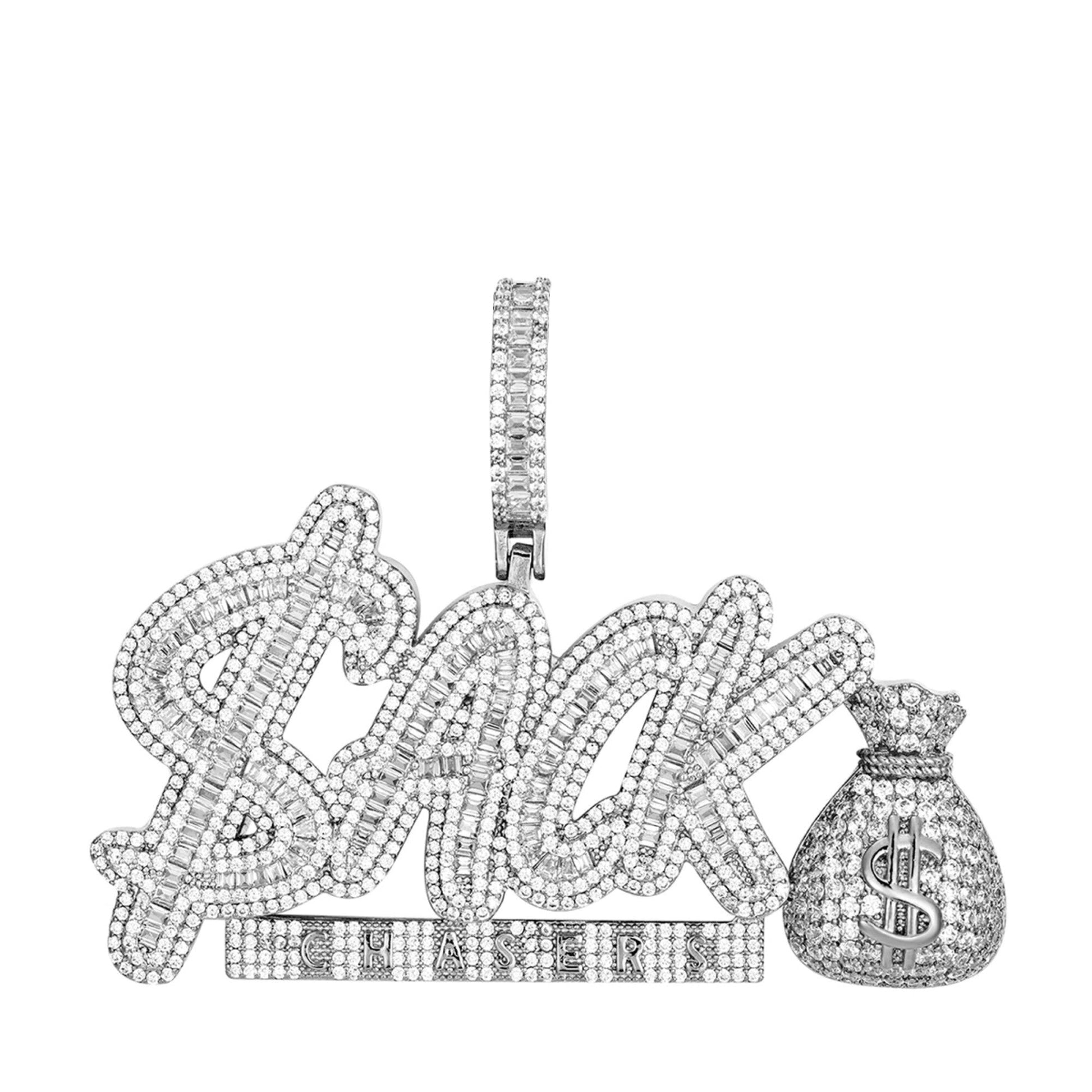 Sterling Silver Round Baguette CZ Sack Chaser Word Pendant RP